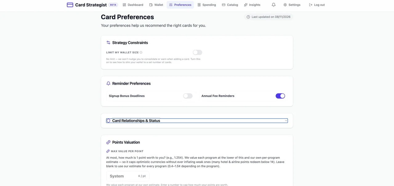 Card Strategist Preferences: cash back vs. maximize value, card limit, point values