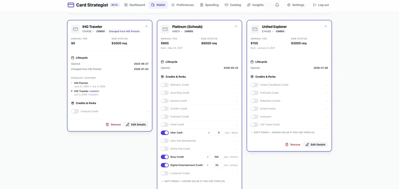 Card Strategist Wallet: the cards you hold, with credits and perks tracked per card